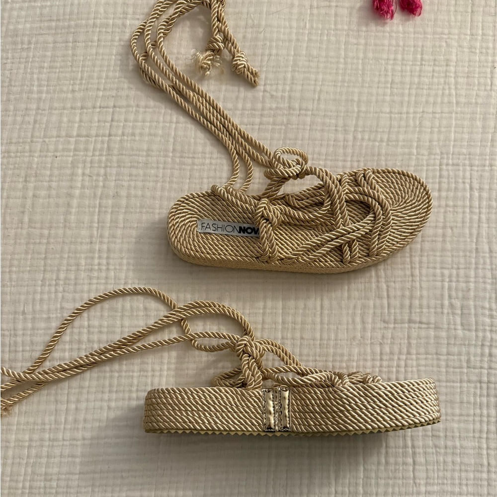 Nude beige rope platform sandals